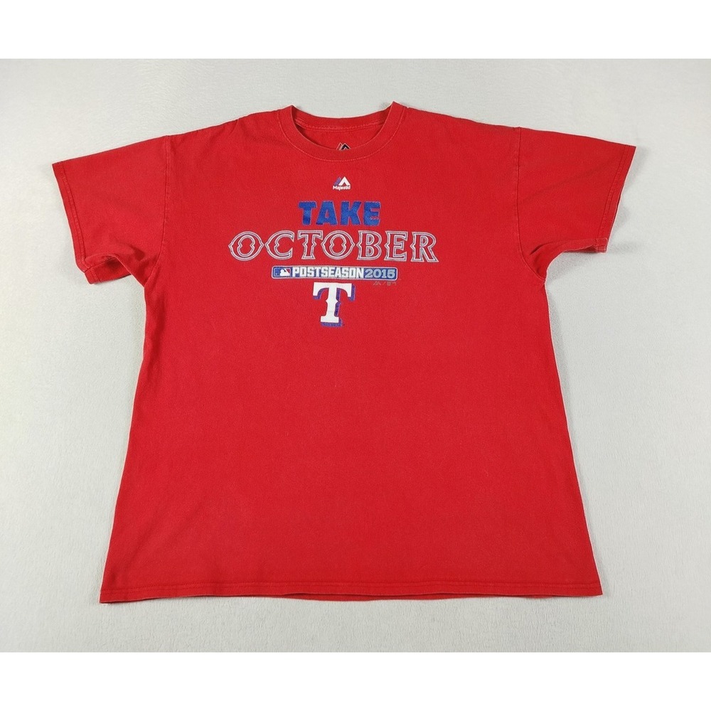 Texas Rangers Shirt Mens Large Red MLB Baseball Majestic 2015‎ Postseason Tee